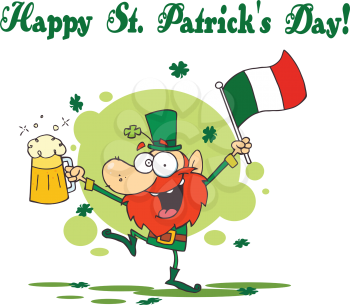 Royalty Free Clipart Image of a Happy Leprechaun With a Beer and an Irish Flag