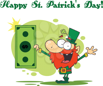 Royalty Free Clipart Image of a St. Patrick's Day Leprechaun With a Dollar Bill