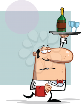 Royalty Free Clipart Image of a Waiter Walking With a Tray of Wine and Glasses