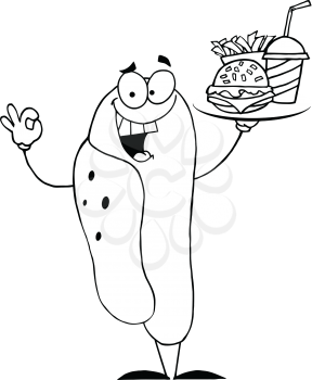 Royalty Free Clipart Image of a Hot Dog Holding a Plate With a Hamburger, Fries and a Drink