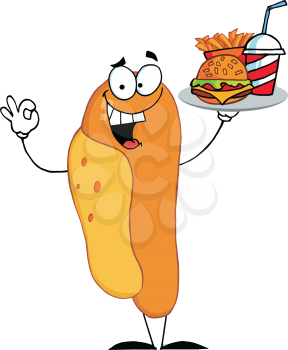 Royalty Free Clipart Image of a Hot Dog Holding a Plate of Fast Food