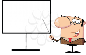 Royalty Free Clipart Image of a Businessperson With a Pointer at a Board
