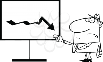 Royalty Free Clipart Image of an Angry Man Pointing at a Downward Arrow