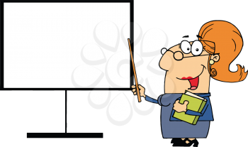 Royalty Free Clipart Image of a Teacher Pointing at a Blank Board