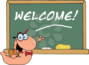 Royalty Free Clipart Image of a Bookworm Teacher at a Blackboard With Welcome on It
