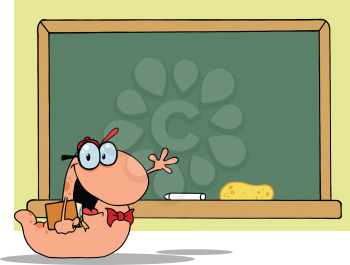 Royalty Free Clipart Image of a Bookworm Teacher at the Blackboard