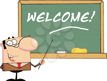 Royalty Free Clipart Image of a Male Teacher With the Word Welcome on the Board