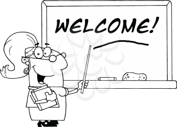 Royalty Free Clipart Image of a Teacher at a Chalkboard With the Word Welcome on It