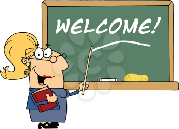 Royalty Free Clipart Image of a Teacher on the First Day of School