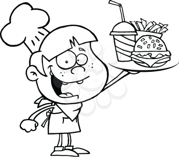 Royalty Free Clipart Image of a Kid Serving Fast Food