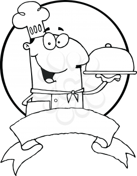 Royalty Free Clipart Image of a Male Chef With a Serving Platter and a Banner Below