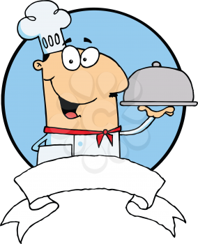 Royalty Free Clipart Image of a Chef Carrying a Domed Serving Tray