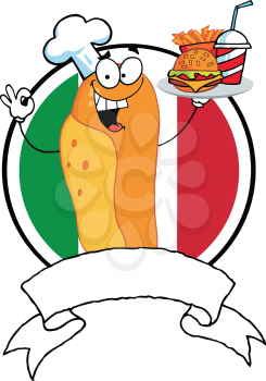 Royalty Free Clipart Image of a Hot Dog in Holding Fast Food in Front of an Italian Flag