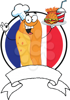 Royalty Free Clipart Image of Fast Food Held By a Hot Dog in a Chef's Hat With a Scroll