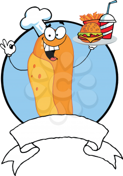 Royalty Free Clipart Image of a Chef Hot Dog Holding a Plate of Fast Food