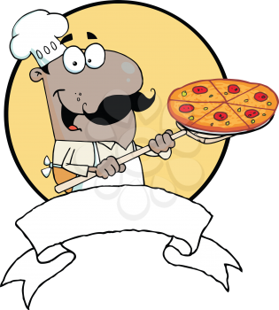 Royalty Free Clipart Image of an African American Pizza Guy Holding a Pizza