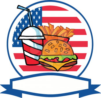 Royalty Free Clipart Image of Fast Food in Front of an American Flag With Space for Text