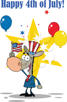 Royalty Free Clipart Image of a Donkey Waving an American Flag Under Happy 4th of July