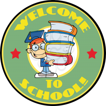 Royalty Free Clipart Image of a Back To School Badge With a Student and Books