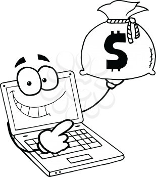 Royalty Free Clipart Image of a Laptop Holding up a Bag of Money