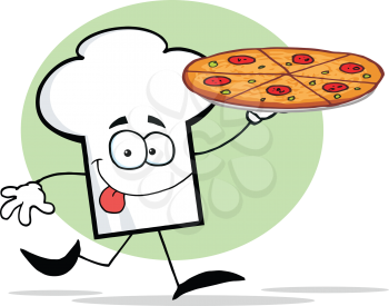Royalty Free Clipart Image of a Chef Hat Running With a Pizza