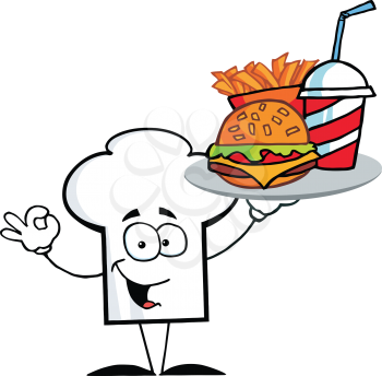Royalty Free Clipart Image of a Chef Hat Holding Fast Food on a Tray