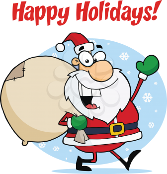 Royalty Free Clipart Image of Santa Waving on a Happy Holidays Greeting
