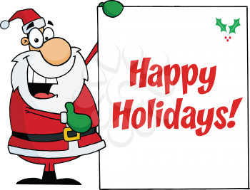 Royalty Free Clipart Image of Santa With a Happy Holidays Sign