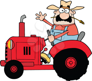 Royalty Free Clipart Image of a Waving Farmer on a Tractor