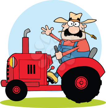 Royalty Free Clipart Image of a Farmer Riding a Tractor and Waving
