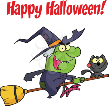 Royalty Free Clipart Image of a Witch and a Cat on a Broom For Happy Halloween