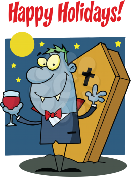 Royalty Free Clipart Image of a Vampire With a Drink in Front of a Coffin