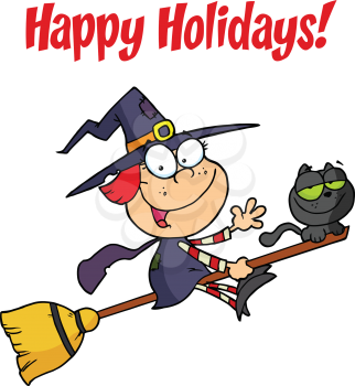 Royalty Free Clipart Image of a Witch Riding a Broom With a Cat on a Happy Holidays Greeting