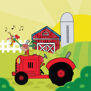 Royalty Free Clipart Image of a Crowing Rooster on a Tractor