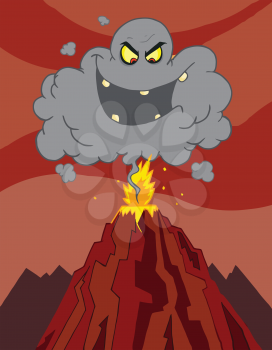 Royalty Free Clipart Image of a Black Cloud Over a Volcano