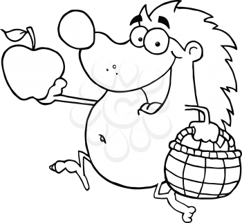 Royalty Free Clipart Image of a Hedgehog Running With Apples and a Basket