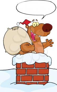 Royalty Free Clipart Image of a Santa Bear in a Chimney With a Speech Bubble