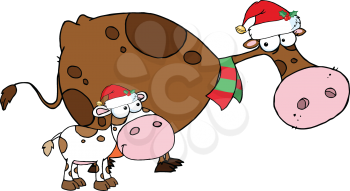 Royalty Free Clipart Image of a Christmas Cow and Calf