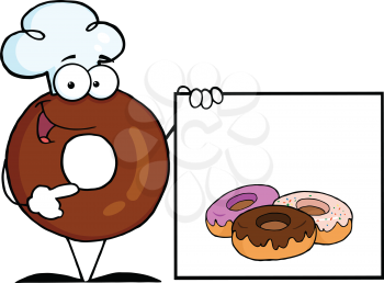 Royalty Free Clipart Image of a Cartoon Donut Cook With a Sign