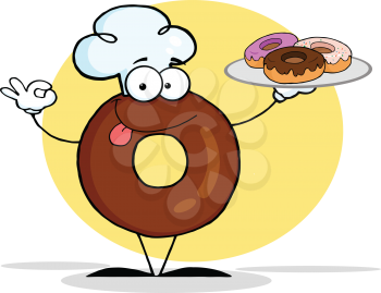 Royalty Free Clipart Image of a Donut Holding a Plate of Donuts