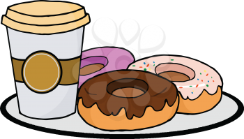 Royalty Free Clipart Image of a Plate of Donuts and a Coffee
