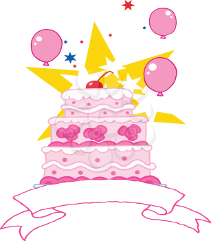 Royalty Free Clipart Image of a Pink Tiered Cake With a Banner