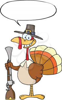 Royalty Free Clipart Image of a Turkey in Pilgrim's Hat Holding a Musket With a Speech Bubble