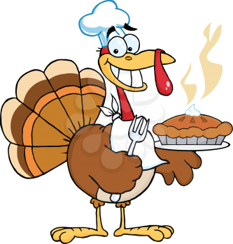 Royalty Free Clipart Image of a Turkey With a Pie