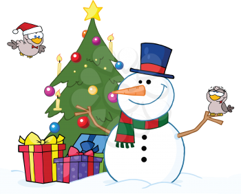 Royalty Free Clipart Image of a Snowman and Birds By a Christmas Tree