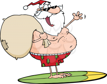 Royalty Free Clipart Image of Santa on a Surfboard