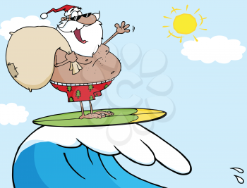 Royalty Free Clipart Image of a Surfing Santa