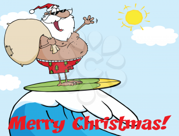 Royalty Free Clipart Image of an African American Santa Surfing on a Merry Christmas Greeting Card