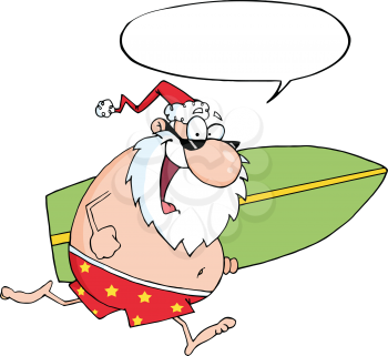 Royalty Free Clipart Image of Santa and a Surfboard With a Conversation Bubble
