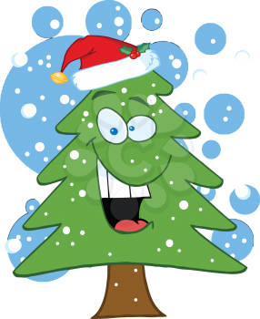 Royalty Free Clipart Image of an Evergreen With a Santa Hat on Top